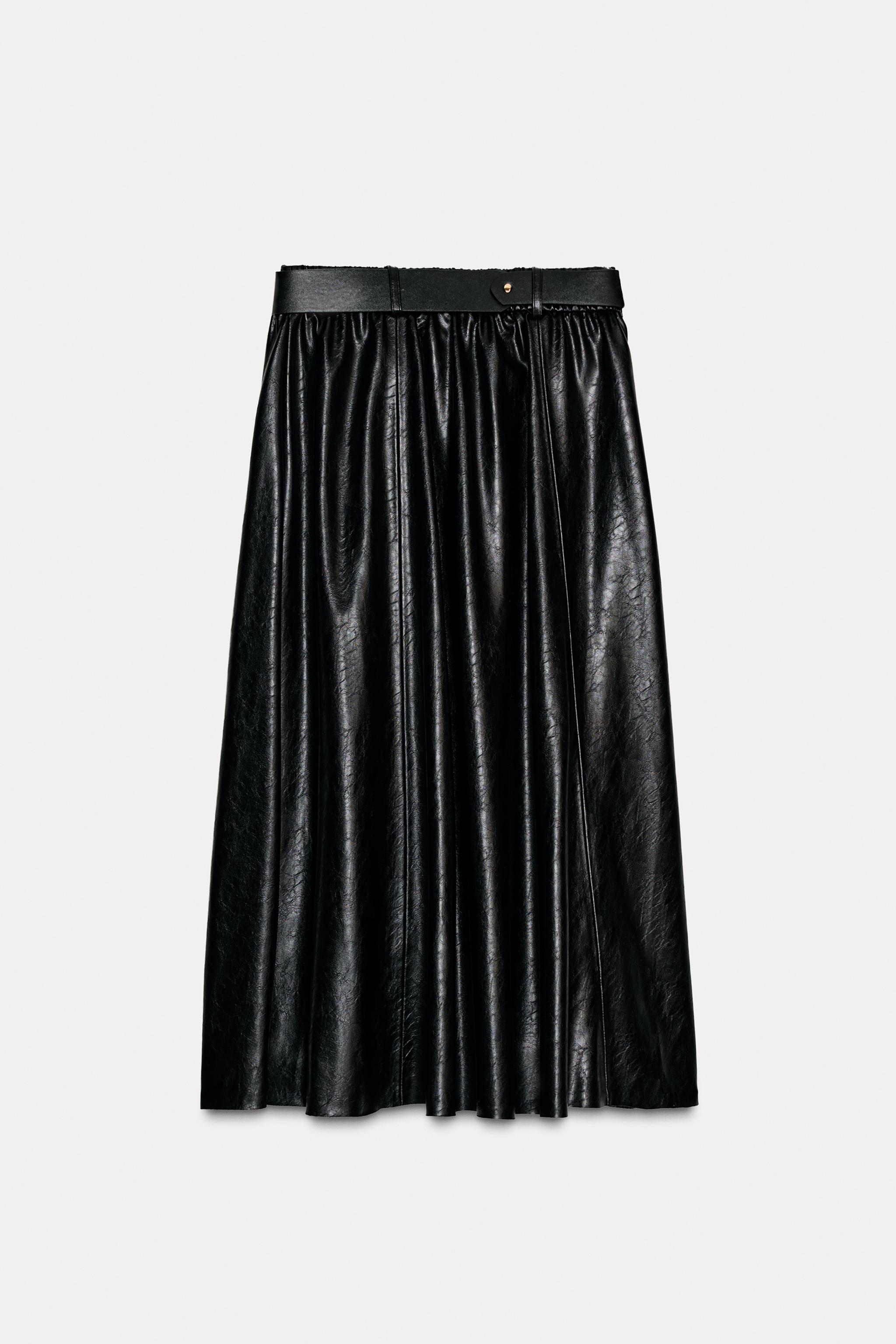 FAUX LEATHER LAYERED BELTED MIDI SKIRT